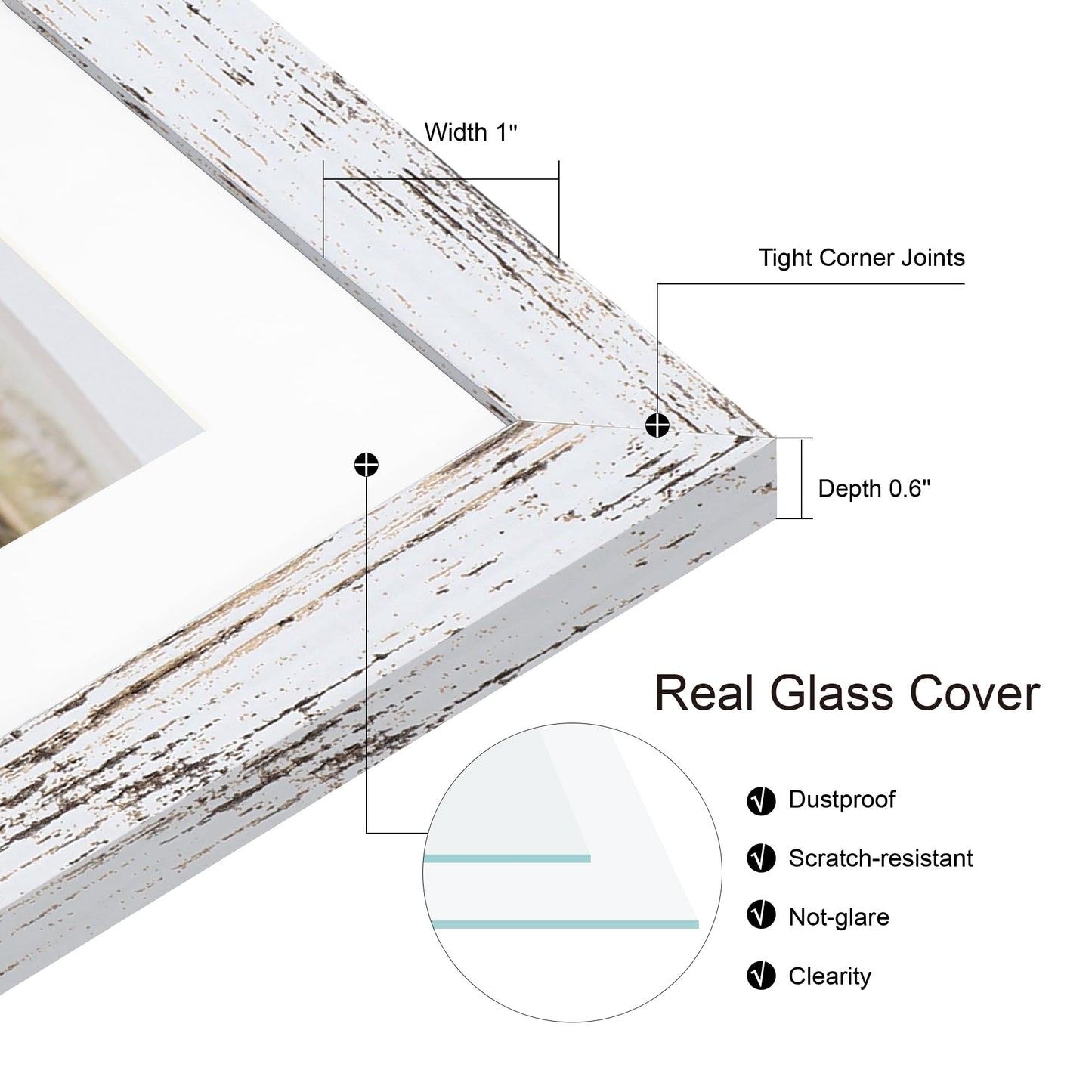 Hongkee 14x14 Picture Frame Set of 2, Distressed White with Glass Collage Frame, Display Photo Six Opening 4x6 With Mat or 14 x 14 Without Mat - Horizontal or Vertical Wall Mounting