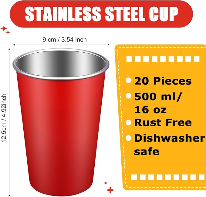 Mimorou 20 Pack 16 oz Stainless Steel Pint Cups Metal Cups Unbreakable Drinking Water Tumblers Stackable Tumbler for Adults Bar Home Restaurant Travel Picnic Camping Outdoor (Red)