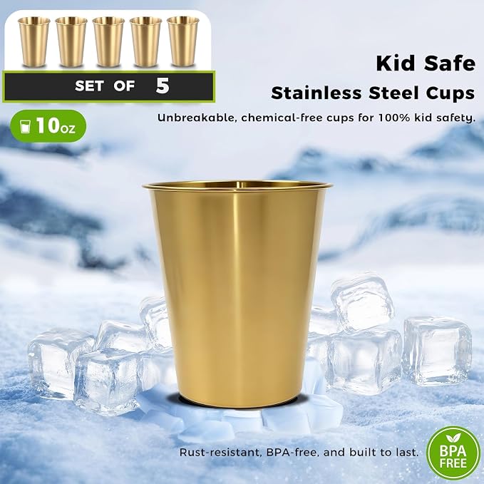 5 Pack 10 oz Stainless Steel Pint Cups,Stainless Steel Cup,Pint Cup Tumbler，water Tumbler,Stackable,Reusable,BPA Free
