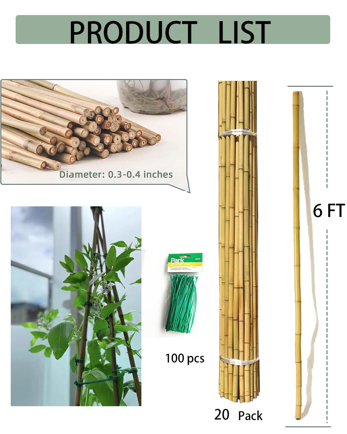 6 Ft Bamboo Stakes with 100 Twist Ties Natural Bamboo Garden Stakes for Tomatoes Cucumber Grapes Pole Beans Trees Potted Dahlia Flowers and Climbing Plants - Pack of 20 Bamboo Sticks