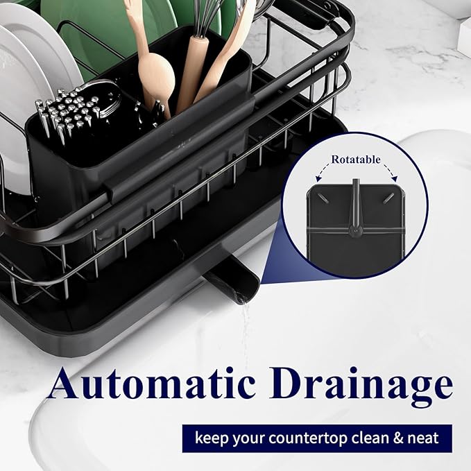 Kitsure Dish Drying Rack for Kitchen Counter, Stainless Steel Sink Organization and Storage Essentials with Cutlery Holder, Home and Appartment Decor, 12.2''W x 15.7''~23''L, Black