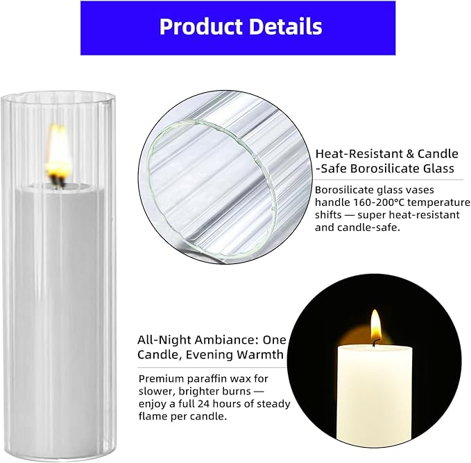Set of 12 Elegant White Pillar Candles with Clear Ribbed Glass Holders?“Perfect for Weddings, Parties, Events, and Home Decor?“Long-Lasting Burn, Stylish Centerpieces, and Versatile Use