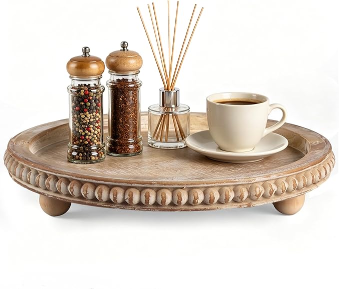 Round Decorative Tray for Coffee Table, Natural Wood Beaded Tray with Detachable Legs, 11.87" Farmhouse Rustic Serving Tray for Living Room, Ottoman, Kitchen Counter, Dining Table Decor