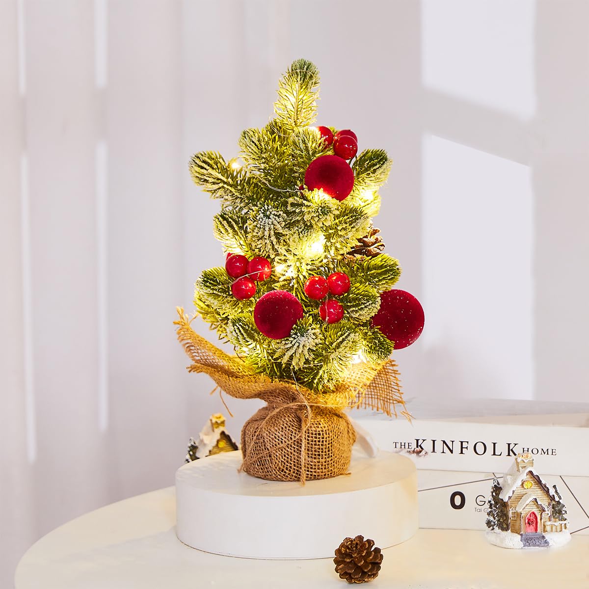 MYELLU Burlap Small Christmas Tree Decor with Lights - Mini Tabletop Artificial Tree Centerpiece for Indoor Home Office Desk Holiday Decorations(Red Ornament)