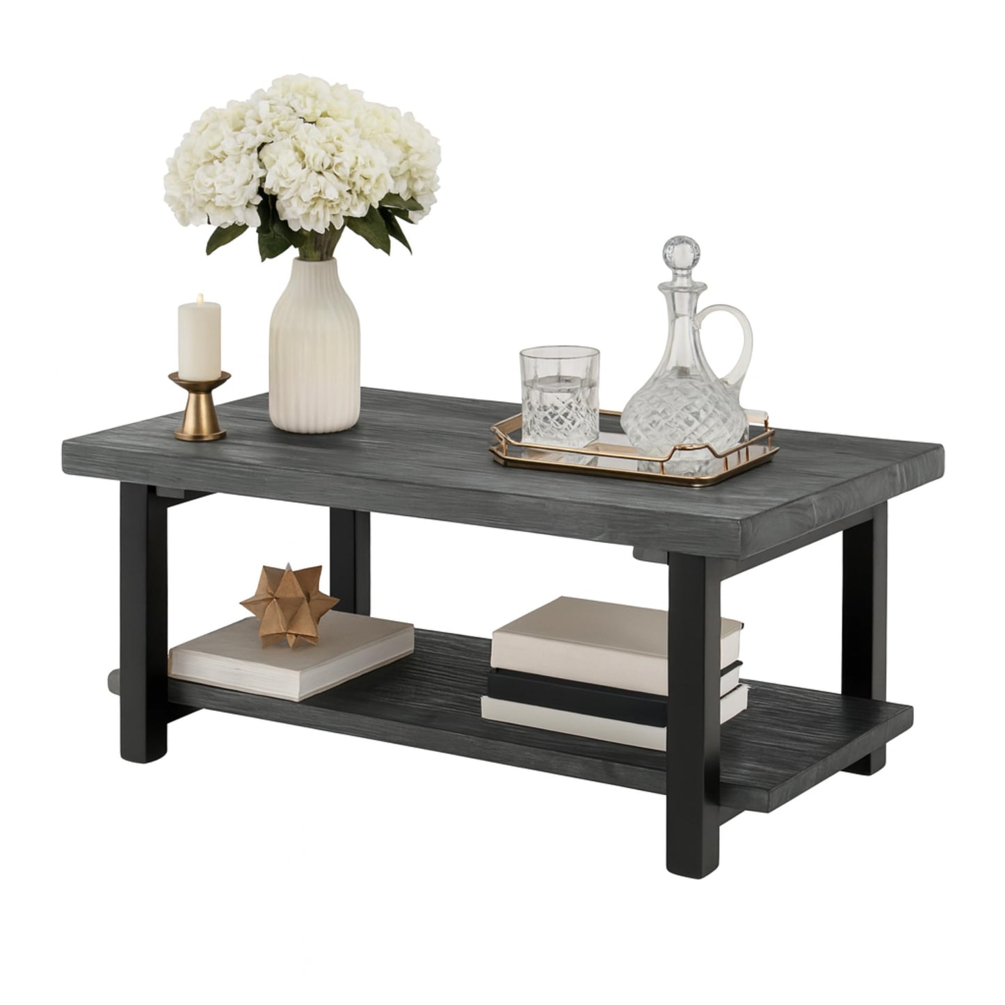 Pomona 42-Inch Rectangular Solid Wood Coffee Table with Storage Shelf & Metal Legs – Modern Rustic Industrial Living Room Table by Alaterre Furniture (Slate Grey)