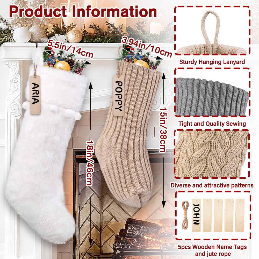 Teeanzo 5 Packs Brown Christmas Knitted Hanging Stockings,Xmas Large Farmhouse Rustic Neutral Cable Knit Personal Stockings Decorations for Christmas Tree Fireplace Family Holiday Party Decor