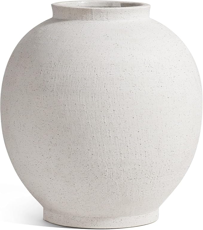 White Ceramic Vase - Large 12.5 Inch Round Floor Vase for Centerpieces, Farmhouse Flower Vases, Rustic Minimalist Home Decor (Sandstone White)