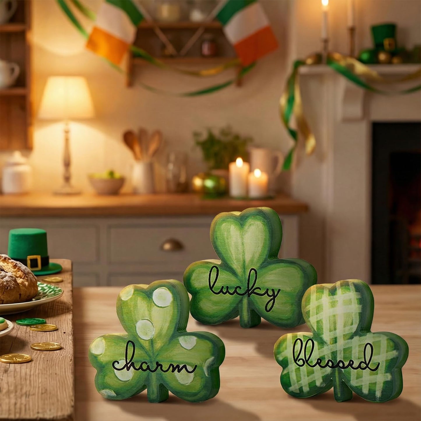 Smile St.Patrick's Day Wooden Shamrock Block Decor Set of 3 Lucky Blessed Charm Clover Ornaments, Tabletop Shelf Lucky Decoration