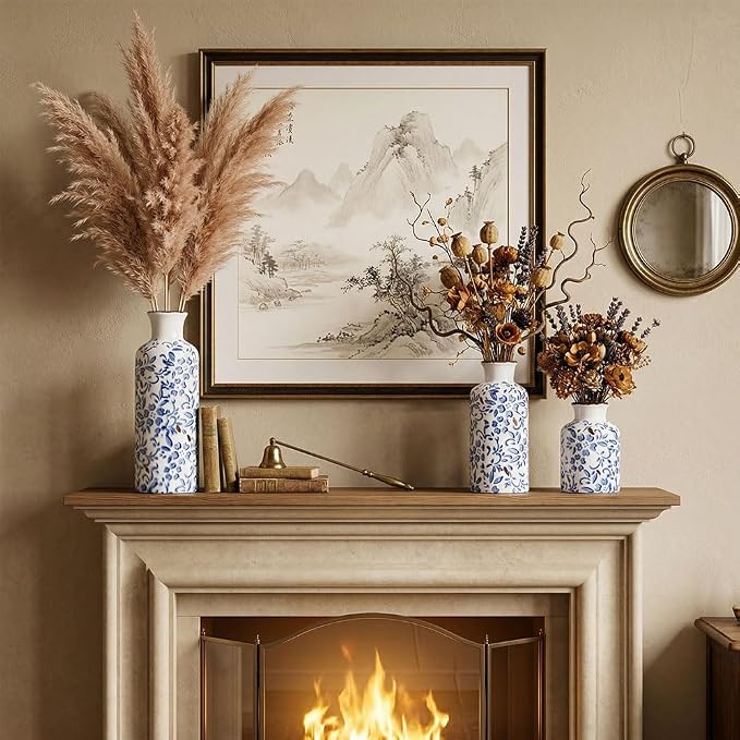 Chinoiserie Decor Ceramic Vases Set - 3 Blue and White Vase, Chinoiserie Vase Farmhouse Country, Flower Vases Home Decor, Living Room Decoration, Entrance, Fireplace, Table Decoration, Centerpieces
