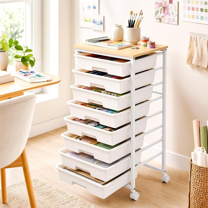 LEHOM Rolling Storage Cart with 8 Drawers, Utility Cart on Wheels with Metal Frame and Wooden Tabletop for Living Room Bedroom Dorm, Office Storage & Art Supply Craft Organizer for Classroom
