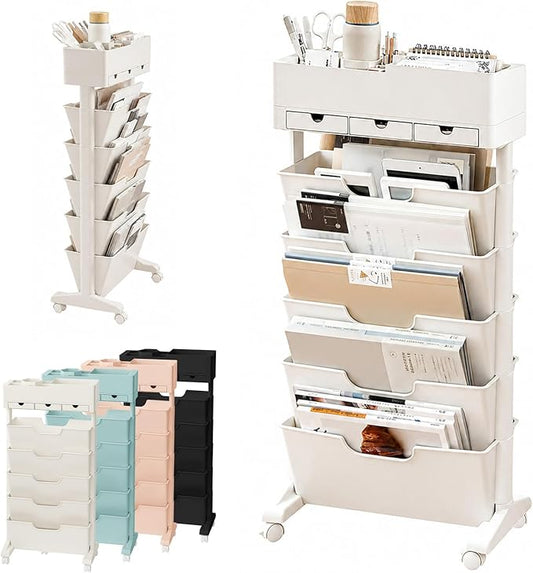 5 Tier Rolling Book Cart Multi-Functional Movable Storage Bookshelves with Lockable Wheels for Study Office Library Classroom, White (Whtie, with Wheel)