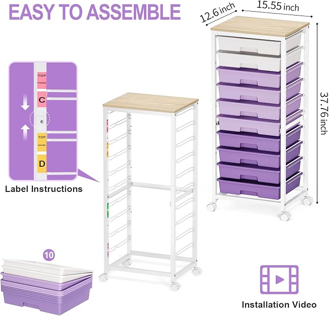 SYKIARIOL Rolling Cart with Drawers,10 Drawer Rolling Cart,Storage Cart with Wheels,Utility Cart with Drawers,Teacher Cart for Classroom Storage,Craft Cart with Wheels and Wooden Tabletop,Purple