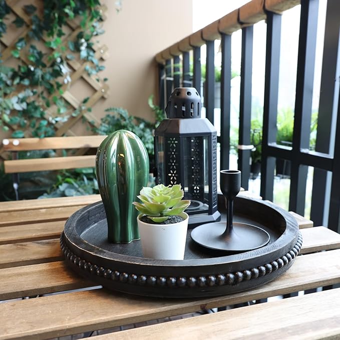 Hrastany Round Wooden Serving Tray with Beads, Circle Vintage Black Wood Coffe Table Tray for Dining Room Table Centerpiece, Kitchen Counter