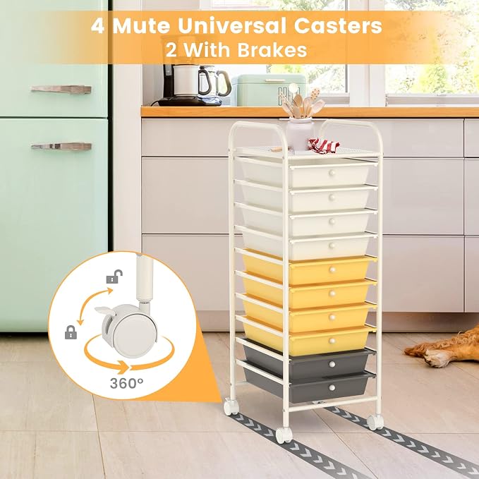 MEDIMALL 10 Drawers Rolling Storage Cart, Multipurpose Craft Storage Cart with Wheels, Mobile Tools Scrapbook Paper Organizer Cart for Office School Home Use (Yellow)