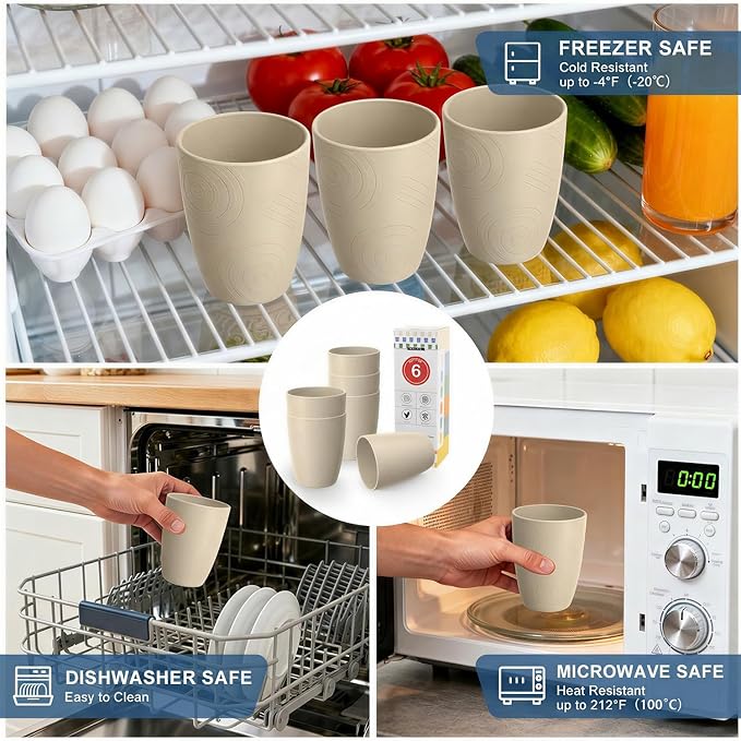 Unbreakable Wheat Straw Cups, Alternative to Plastic Cups Set 6 PCS, 16 OZ Drinking Cups Reusable, Dishwasher Safe Tumblers & Water Glasses for Kitchen RV Party Outdoor, Beige