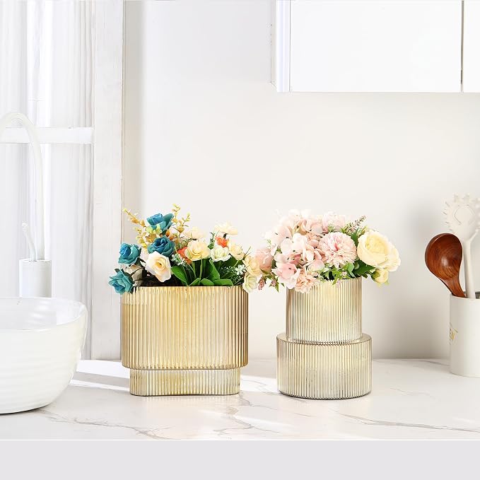 Gold Glass Vases, Set of 2 Ribbed Vases for Flowers, Gold Vase for Tulips, Modern Glass Vase for Living Room, Dining Table, Office, Entryway, Mantle, Bookshelf, Wedding Gifts