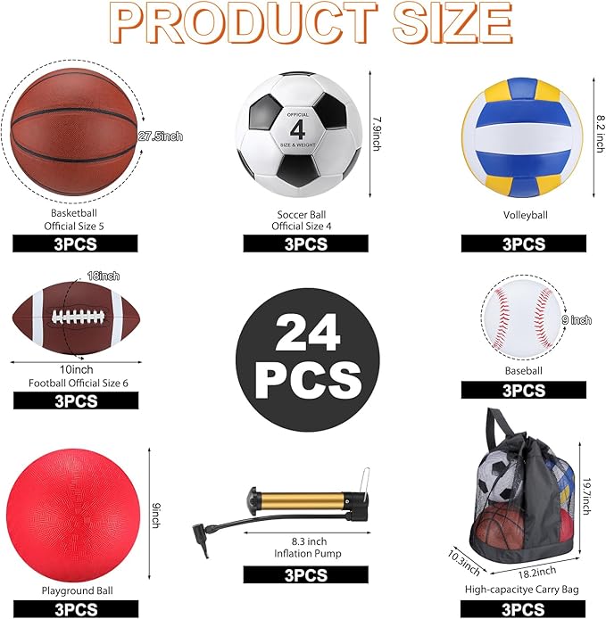 Leyndo 18 Pcs Sports Ball Set for Kids, Official Size Basketball Football Soccer Ball Playground Volleyball Baseball Outdoor Sport Equipment Bag and Pump Back to School Gift