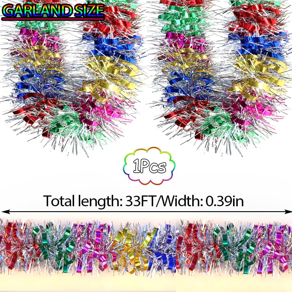 33Ft Christmas Tinsel Garland Shiny Thick Tinsel Decor Xmas Tree Decorations Metallic Twist Foil Garland for Birthday Teachers' Day New Year Parties Indoor Outdoor Party Supplies - Colourful 1