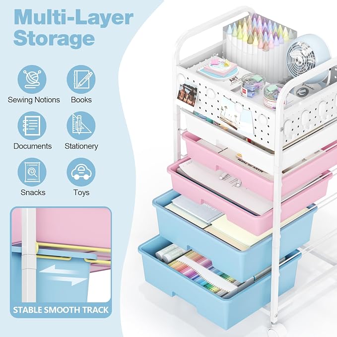 5 Drawer Rolling Storage Cart with Pegboard Top and Hooks, Mobile Organizer Cart with Wheels for Office Supplies, Craft Storage, Classroom Organization, Home Utility Cart, Pink&Blue