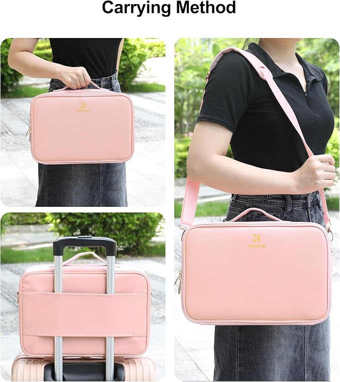 Relavel Travel Makeup Bag With LED Mirror, Portable Cosmetic Bag Organizer with Adjustable Brightness in 3 Color Scenarios, Professional Large Cosmetic Train Case with Shoulder Strap - Pink