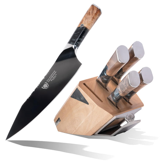DALSTRONG Knife Block Set - 5 Piece - Valhalla Series - Ravenstone Black Blade Titanium Coated - Premium 9CR18MOV HC Steel - Resin & Wood Handle - Razor Sharp - Kitchen Cooking Chef's Knife