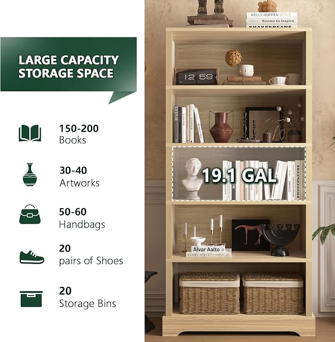 TVU 5-Tier Wooden Bookshelf, 65" Tall Farmhouse Style Open Bookcase, 31.5" W Standing Book Shelf with Storage, Suitable for Study, Living Room, Office, Natural Wood Color