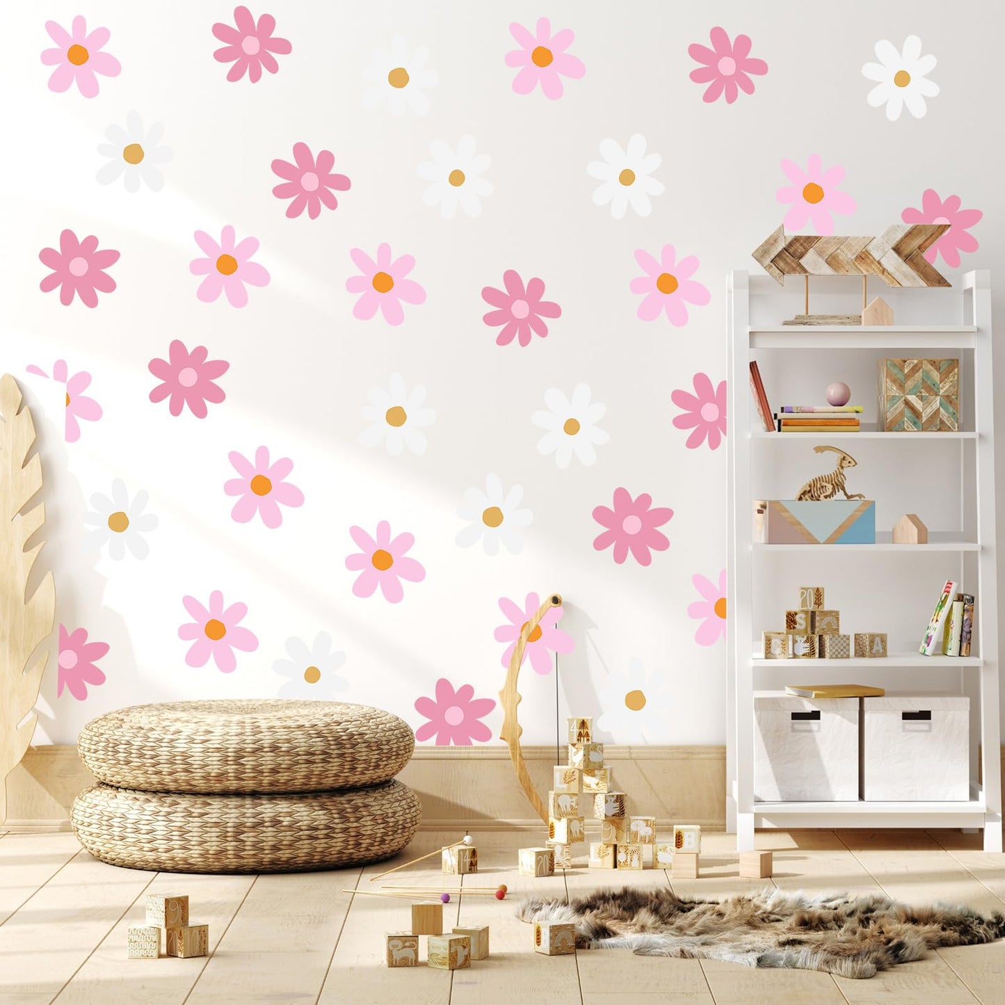 BBTO Daisy Wall Decal Flower Vinyl Wall Floral Decals Peel and Stick Daisy Stickers for Kids Nursery Art Bedroom Living Room(Pink, White)