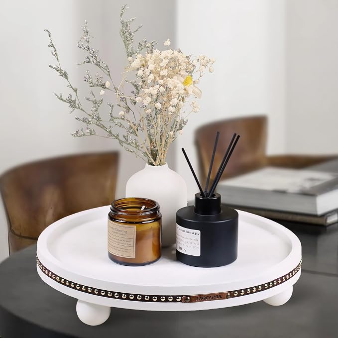 Farmhouse Decorative Round Tray, 11.81 Inch, Versatile Centerpiece Tray for Coffee Table Kitchen Living Room Bathroom, Home Decor Accent White