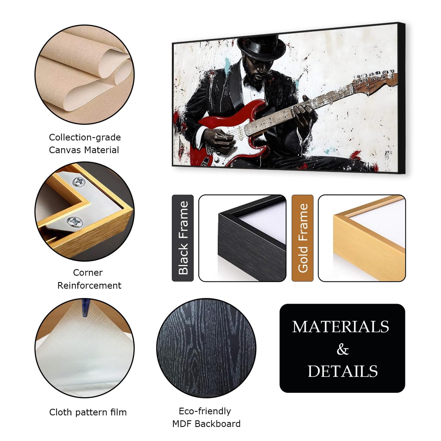 Abstract Jazz Music Canvas Wall Art, Black Musician Canvas Print, Guitar Player Wall Art, Red and Black Picture, Red Guitar Poster, Modern Artwork for Living Room (Gold Framed, 23"x13" | 60x35cm)