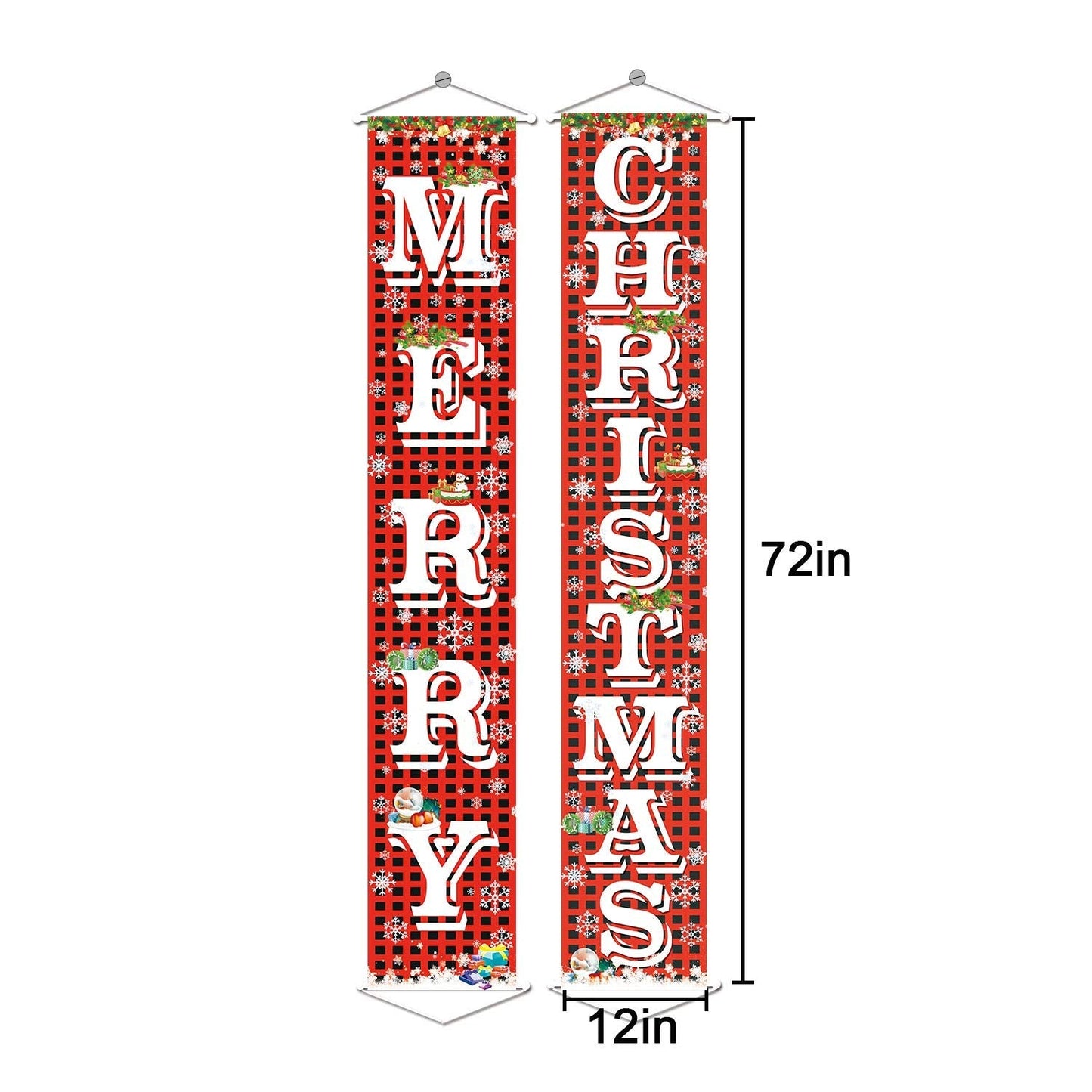FECEDY Merry Christmas Hanging Banner Porch Sign with Pattern Christmas Tree Presents Snow Banner for Home Yard Indoor Outdoor Wall Door Christmas Party Decorations 72"x12"