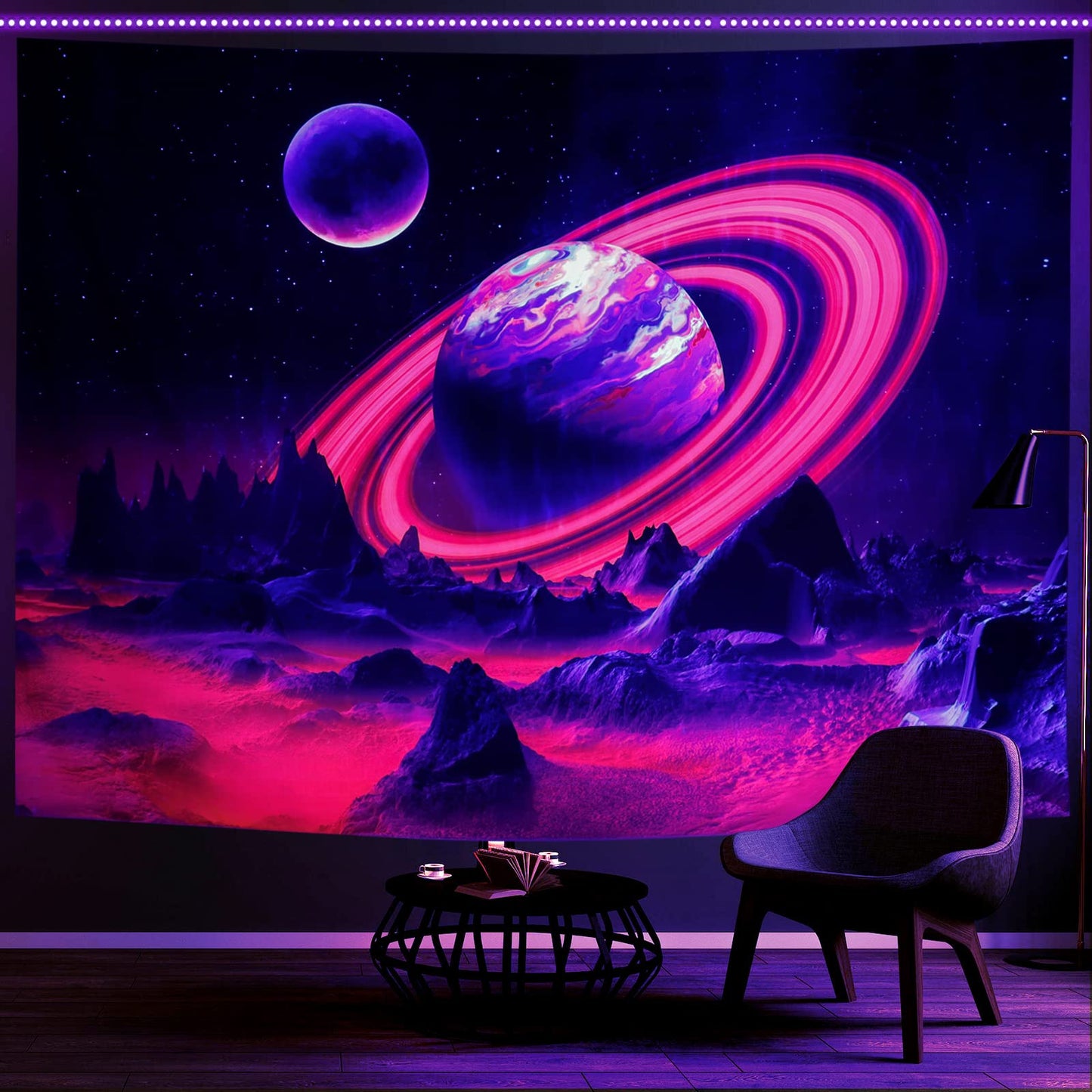Leofanger Blacklight Trippy Planet Tapestry UV Reactive Mountain Wall Tapestries Galaxy Space Tapestry Starry Night Sky Tapestries Wall Hanging for Home Decor(51.2"x59.1")