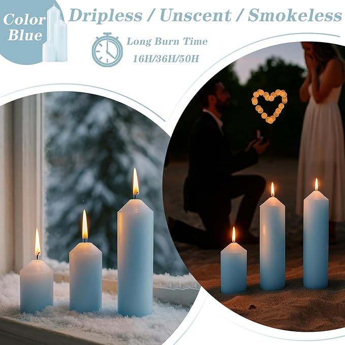 18 Pcs Blue Pillar Candles Bulk Set，Hurricane Candlesï¼? Different Lengths (6 Each)，Dripless Unscented Smokeless，Gives You a Better Atmosphere When Organizing Wedding or Event Party.