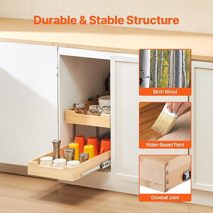 VEVOR 2 Tier Pull Out Cabinet Organizer, 14" W x 21" D Cabinet Drawer, Soft Close Slide out Shelf, Heavy-Duty Sliding Wood Drawer, Adjustable Base Cabinet Organization for Kitchen Pantry Bathroom