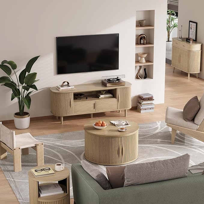 JOINICE 31.5" Round Lift Top Coffee Table,Natural Oak Modern Fluted Drum Center Table with Hidden Storage, Japandi Scandi Wood Circle Desk for Boho Living Room & Apartment