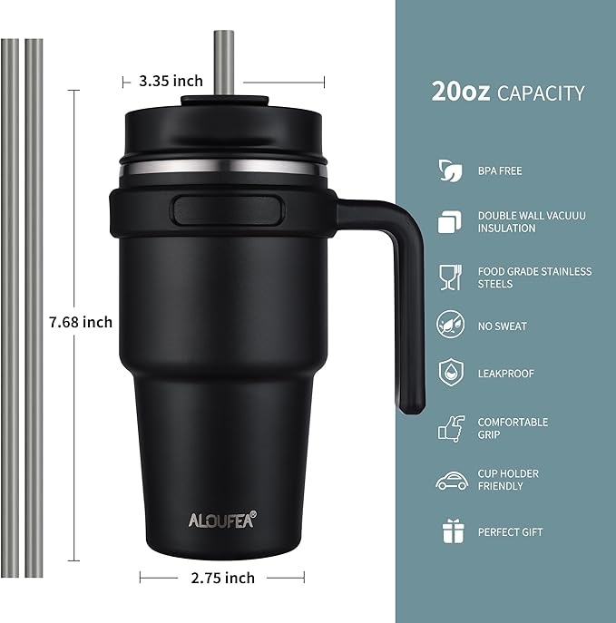 20 oz Insulated Coffee Mug Tumbler with Handle, Stainless Steel Travel Mug Tumbler with Lid and Straw,Double Wall Vacuum Leak Proof Ice Coffee Thermal Cup, Lavender