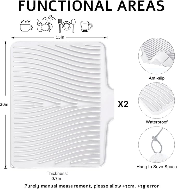 TIKNIK Silicone Dish Drying Mat for Kitchen Counter - Heat Resistant & Non-Slip Dish Drain Pad with Built-In Drain, Dishwasher Safe, Quick-Dry, Hangable & Roll-Up for Storage, White-2pcs, 20" x 15"