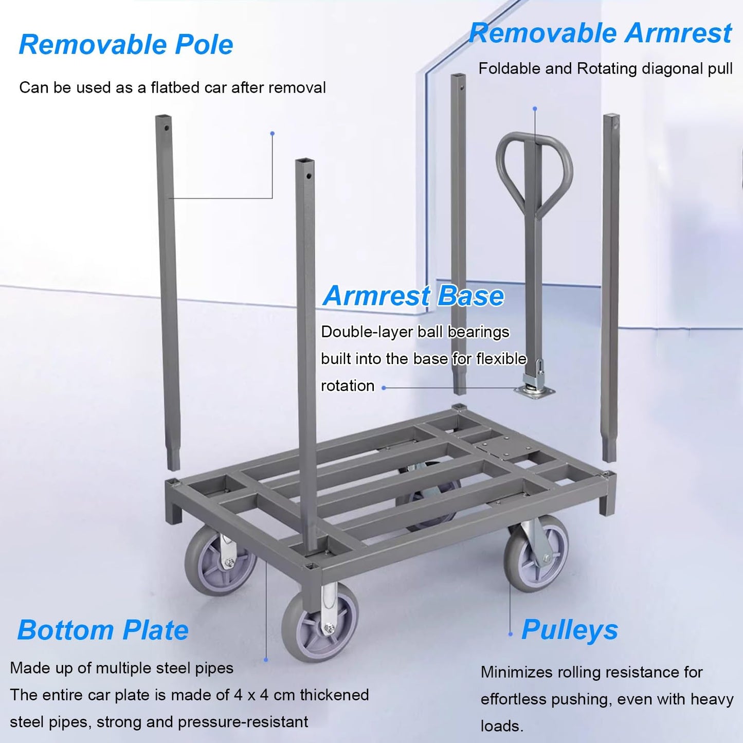Heavy Duty Folding Platform Trolley with Removable Armrest and Fence Pole, Commercial Cloth Pulling Cart for Warehouse Factory Workshop, Easy Installation