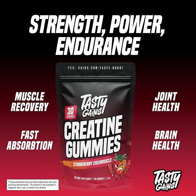 Creatine Gummies - 90g of Creatine Monohydrate - Workout Supplements - Build Muscle & Boost Strength for Men & Women - Made in USA - Non GMO - (Large, Strawberry Creamsicle Flavor)