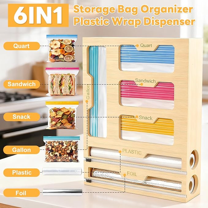 Magnetic Storage Bag Organizer 6 In 1 Ziplock Bag Organizer for Fridge and Drawer, Foil and Plastic Wrap Organizers with Cutter, Food Storage Bags Organizers for Gallon Quart Sandwich Snack