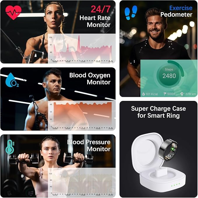 Health Tracker Ring, Smart Health Ring for Women Men with Heart Rate, Blood Oxygen, Sleep Monitor, Steps,Calories, No Subscription Fee, IP68 Waterproof Smart Ring for iPhone & Android (Black, 13#)