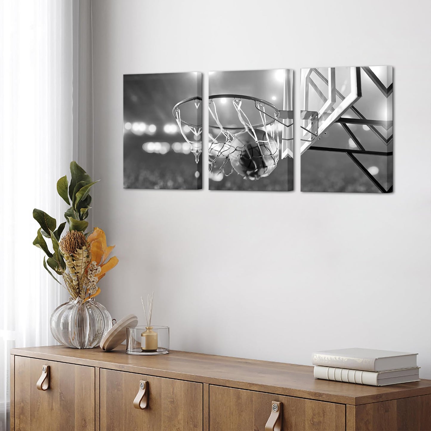Apicoture Black and White Basketball Canvas Print Wall Art Basketball Poster Framed for Sport Room Wall Decor Ready to Hang 12''x 16''x 3 Panels