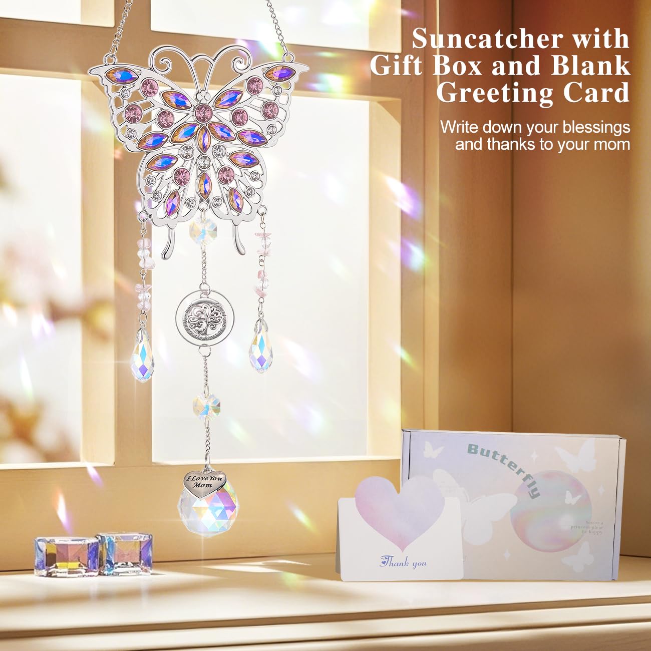 Emibele Mother's Day Crystal Suncatcher Gifts for Mom, Butterfly Suncatcher with Heart Charm I Love You Mom, Hanging Butterfly Home Window Decoration, Birthday Gifts for Women, Silver