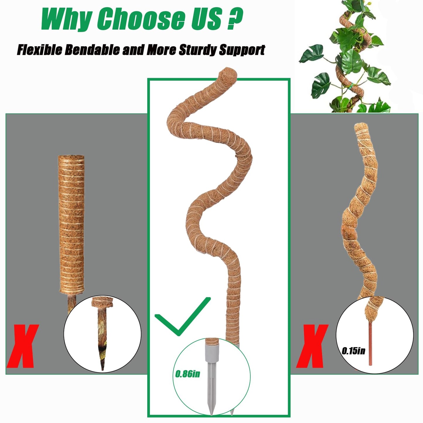 3-Pack Tall Moss Poles (50 Inch) - Coco Coir Plant Support Sticks for Potted Plants (Monstera, Pothos, Philodendron)