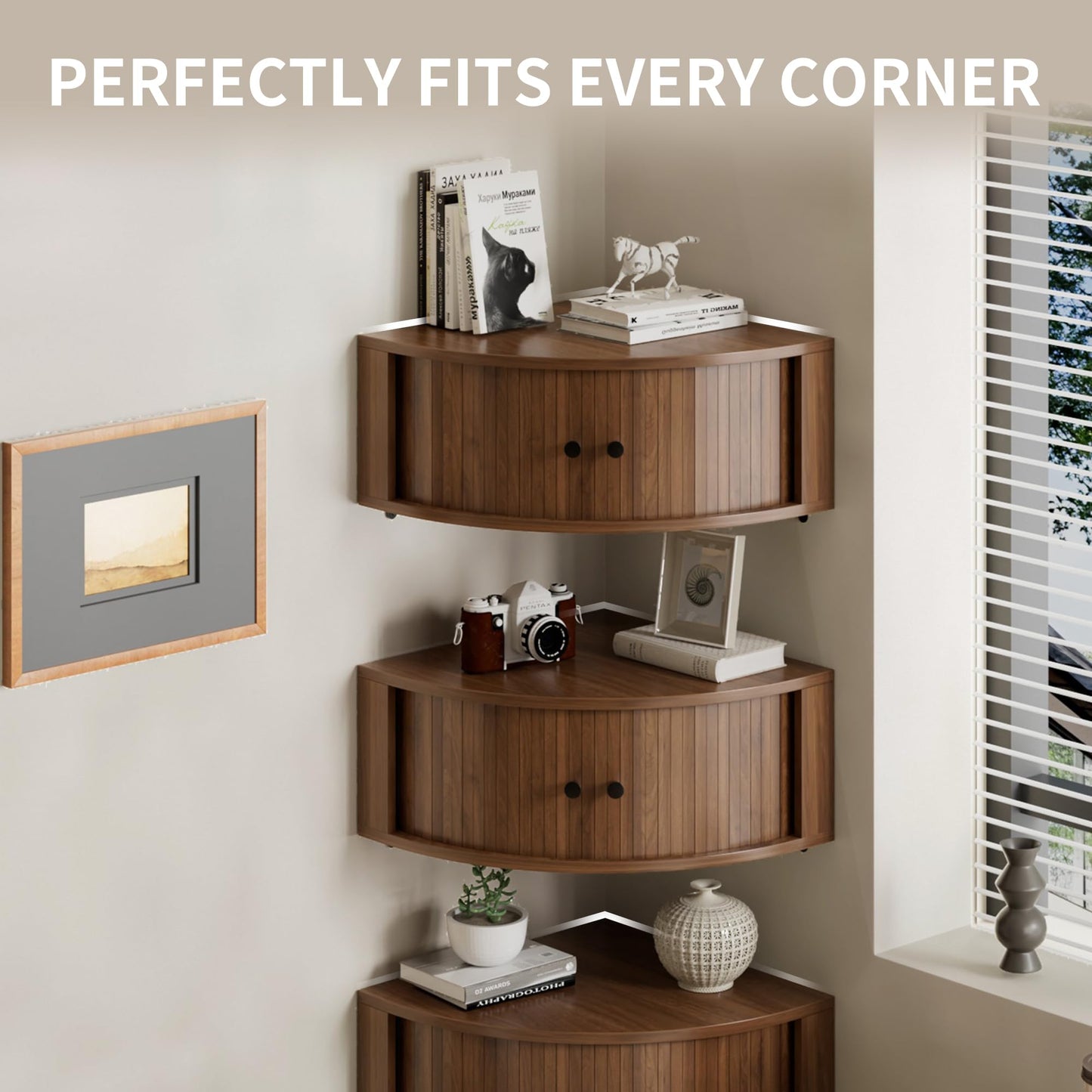 tauxkoi Corner Shelves Wall Cabinet Set of 3, Floating Corner Shelf Organizer with Sliding Doors, Fluted Wall Cabinet for Living Room, Bedroom, Office, Small Space, Walnut (Curved, 15.74“)