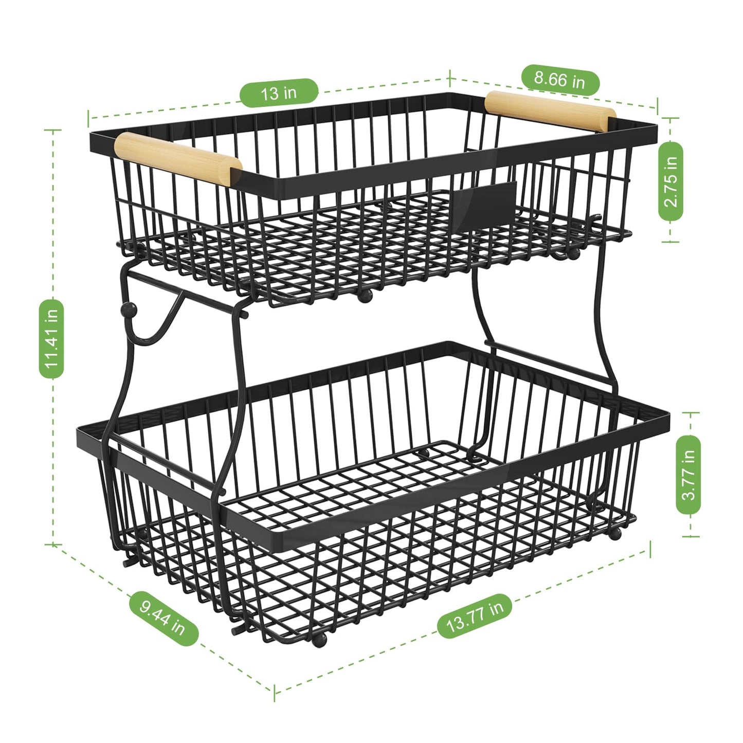 Astrorhine 2 Tier Fruit Basket for Kitchen Counter with 2 Banana Hangers, Countertop Metal Bread Basket with Wooden Handle, Large Storage Stand for Vegetables, Snacks, Eggs, Produce Storage – Black