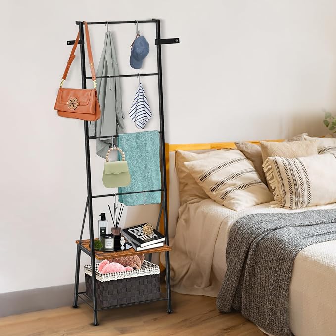 Blanket Ladder, 6-Tier Towel Holder with Shelf, Blanket Rack Freestanding, Ladder Shelf with Hooks for Towels Clothes Scarves, Standing Towel Rack for Bathroom Living Room Bedroom, Brown