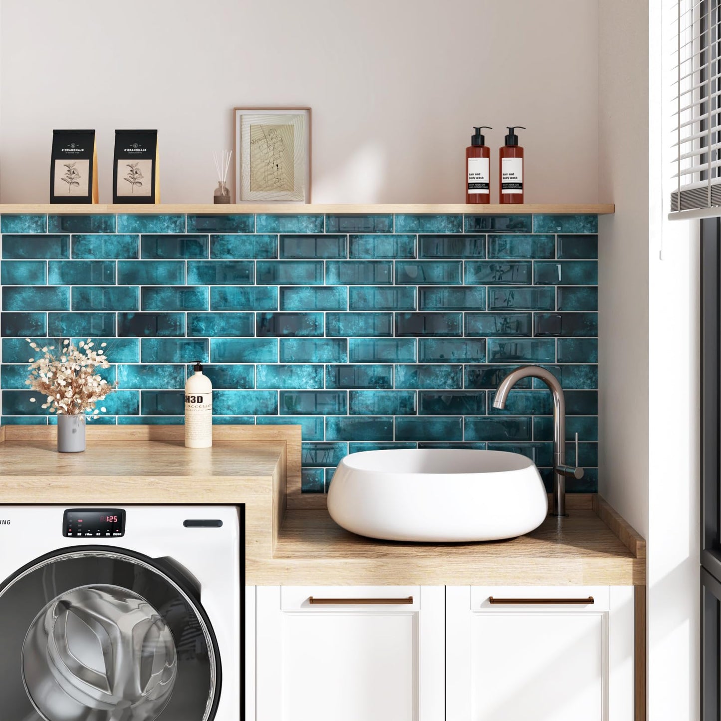 Wallercity Marble Blue Peel and Stick Backsplash Glossy Wall Tile Stickers Vinyl Self Adhesive Stick on Subway Tile Back Splash for Kitchen Bathroom 12''x12'' Waterproof 3D Art Wall Tiles Decor 10PCS