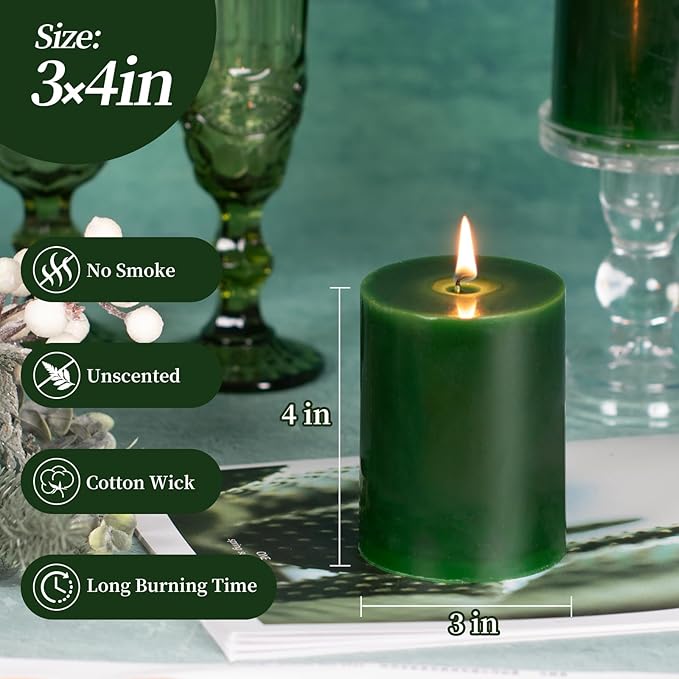 KONNI Navy Green Pillar Candles Set of 3, 3"x 4" Unscented Pillar Candles Bulk, 39 Hours Long Burning Candles, Smokeless&Dripless Large Round Candle for Wedding, Home Decoration, Parties, Spas, Dinner
