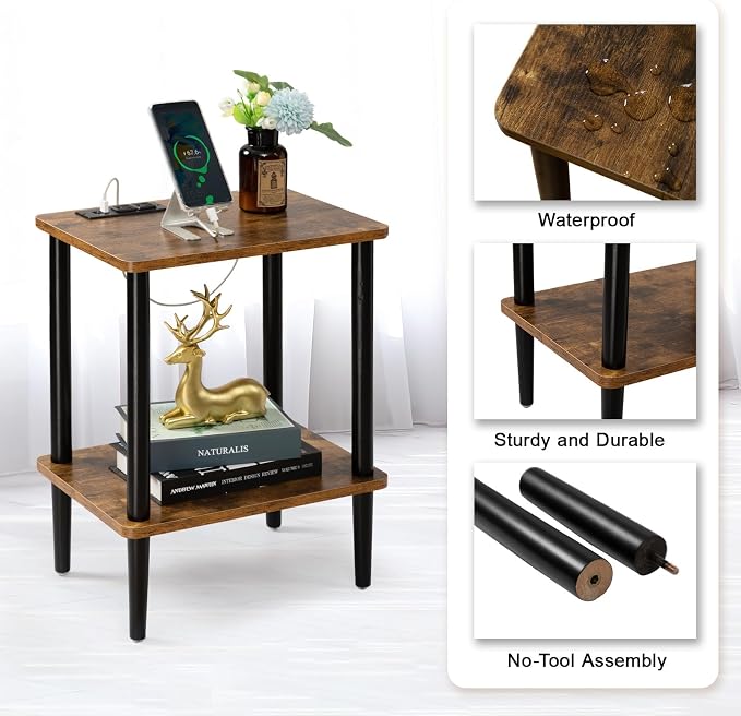 FORAOFUR End Table with Charge Station, Small End Tables Living Room, Nightstand with 2 Tier Storage Shelves for Small Spaces, Living Room, Bedroom, Sofa End Table Rustic Brown