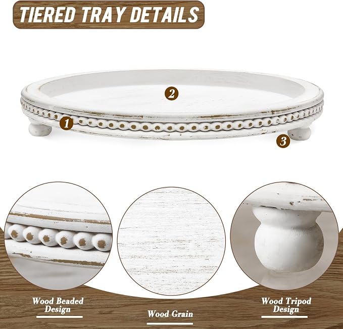 Handmade 12 Inch Decorative Tray, Small Beaded Tray Coffee Table Decor, White Washed Round Wooden Tray for Coffee Table, Dining Room Table Entryway and Living Room